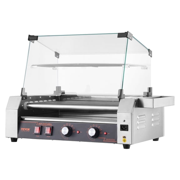 Commercial Hot Dog Machine 1050W 18 Hot Dog 7 Rollers Stainless Steel Sausage Grill Cooker Dual Temperature Control with Cover Side Storage Box Removable Shelf and Oil Drip Tray