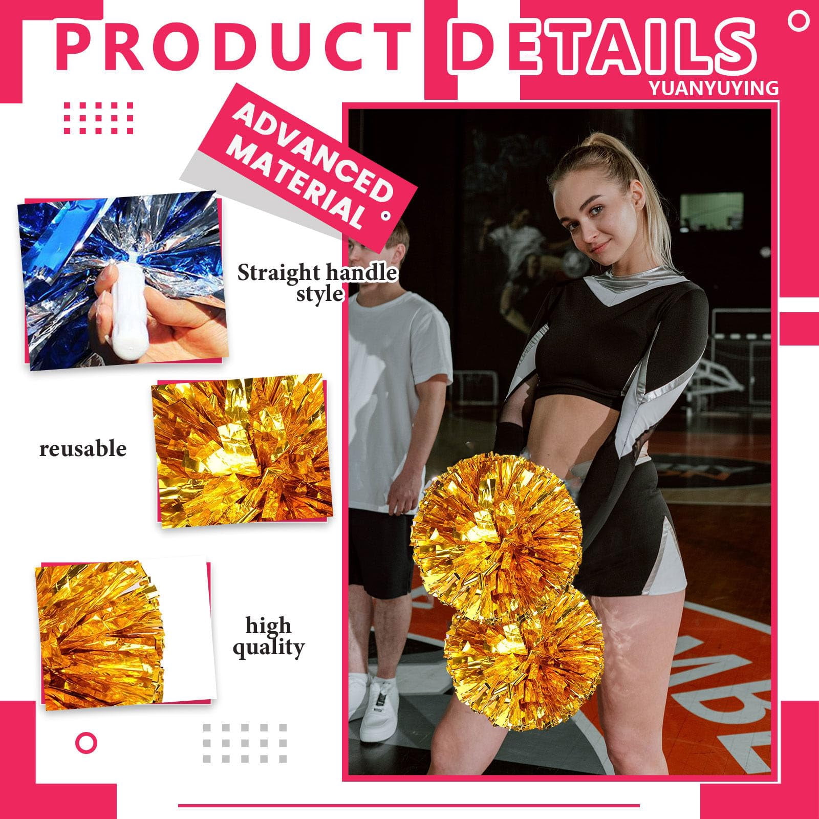 Cheerleading Pom Poms 24 Pcs with Straight Handle, Handheld Squad Pompoms for Sports Team Cheer Spirit Games, Dance Party Adults