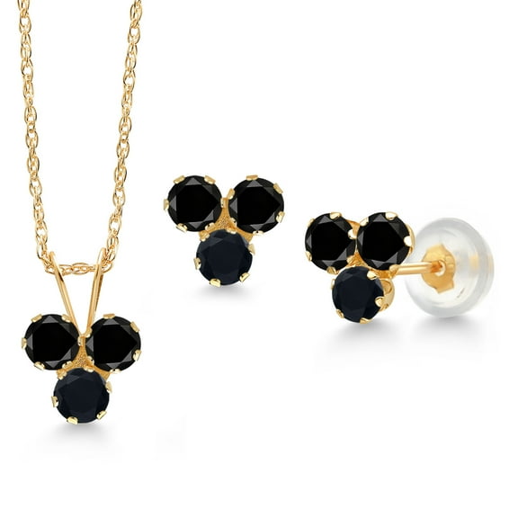 Gem Stone King 14K Yellow Gold Black Diamond and Black Onyx 3 Stone Pendant and Earrings Jewelry Set for Women (0.90 Cttw, Round 3MM, with 18 inch Chain)
