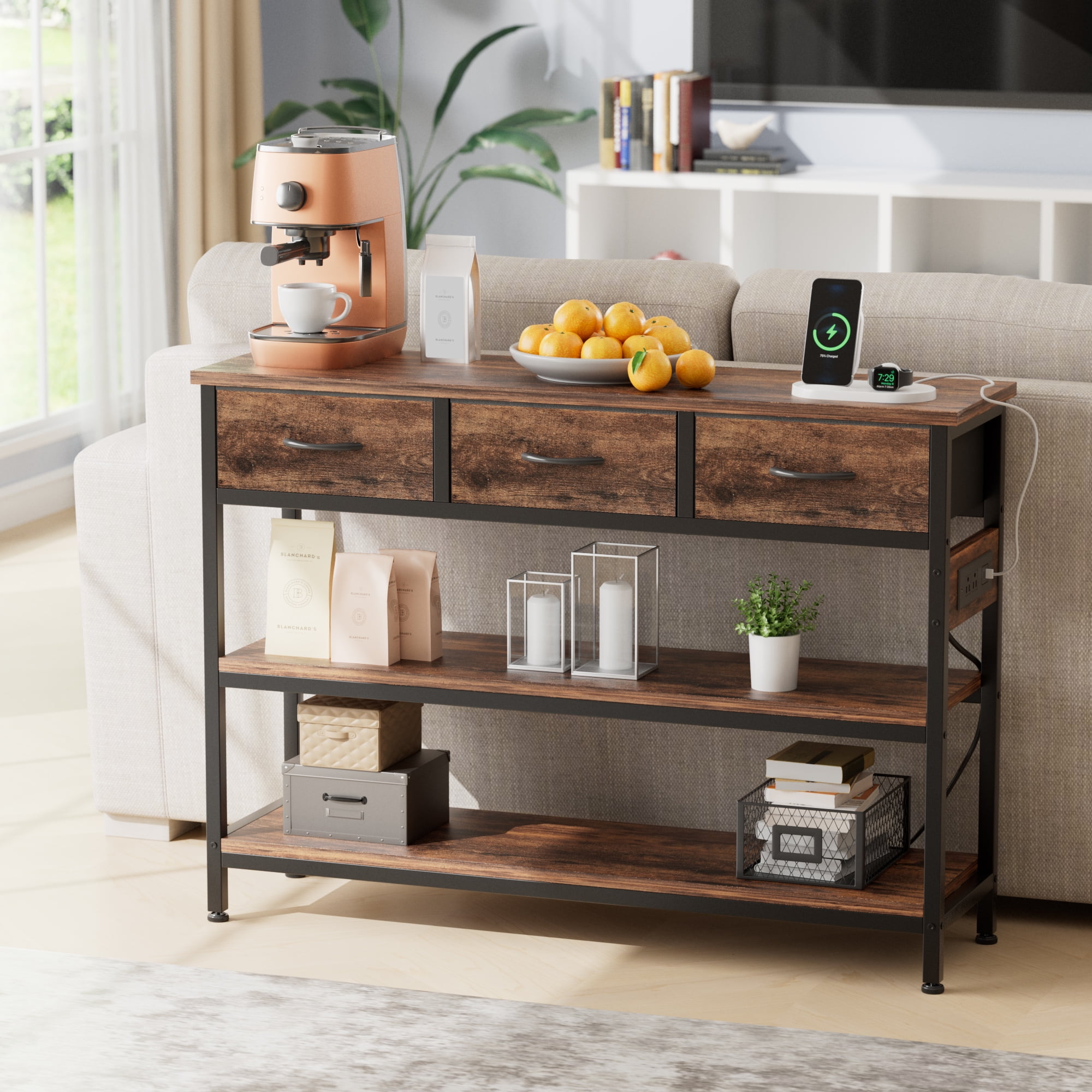 Aufeile 43" Narrow Console Table, Entryway Table with 3 Drawers and Outlets, Fabirc Sofa Table with Open Shelves for Couch, Hallway, Foyer, Living Room, Brown