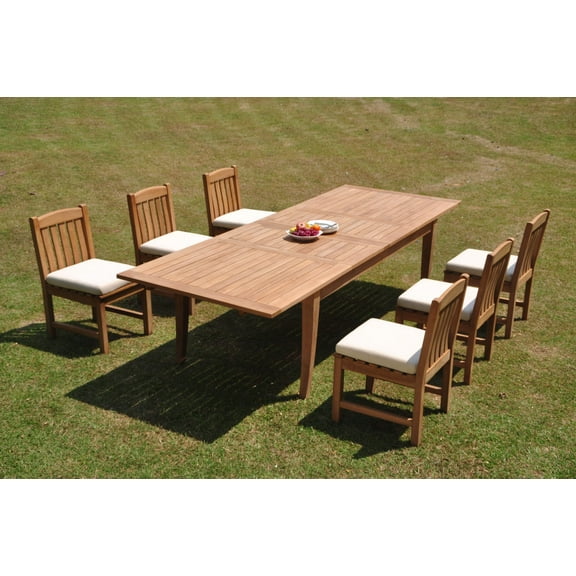 Grade-A Teak Dining Set: 6 Seater 7 Pc: 122" Atnas Double Extension Rectangle Table And 6 Devon Armless Chairs Outdoor Patio WholesaleTeak #WMDV61
