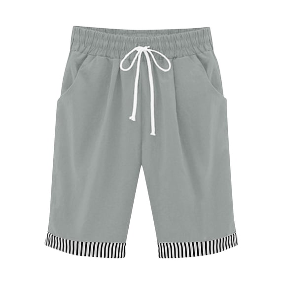 successthop Womens Long Shorts with Pockets Linen Stripe Drawstring Plus Size Shorts Pull On Casual Outfits Clothes Gray