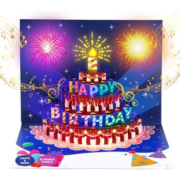 3D Musical Birthday Card with LED Lights & Blowable Candle - Interactive Pop-Up Greeting Card with Electronic Music, Unique Birthday Gift for Adults Kids Women Men Mom Dad Wife Husband$$Office