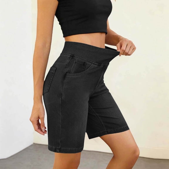 Wovilon Women's High Waist Stretch Denim Bermuda Shorts with Pockets, Pull-On Slim Fit Knee Length Jeans Shorts, Classic Casual Summer Bottoms for Daily Wear