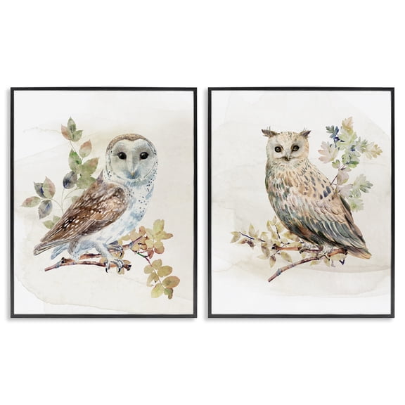 Stupell Industries Owls Perched in Foliage 2 Piece Black Framed Giclee Art Set, design by CAD Designs