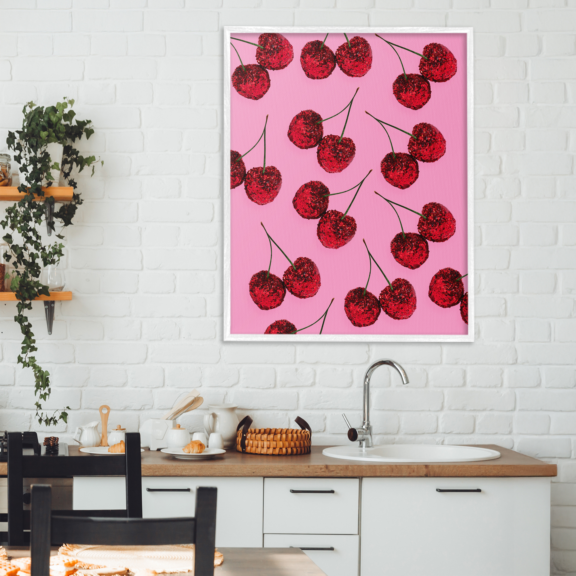 Stupell Industries Glitter Glam Cherries Pattern White Framed Giclee Art, design by LISH Creative