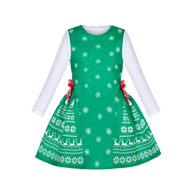 Robe Fille Ensemble de Noël Vert Renne Flocon de Neige Manches Longues Fête 7 Ans