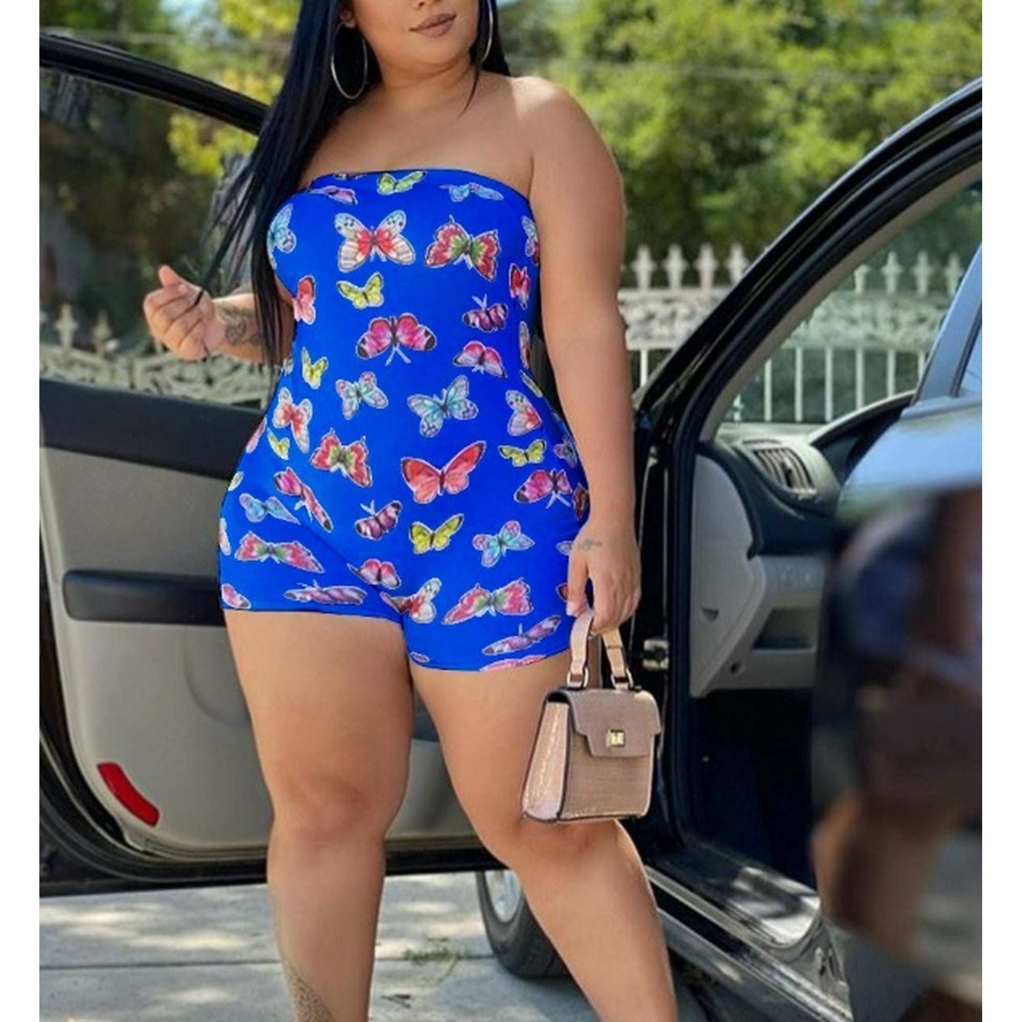 Pudcoco Women One Peice Jumpsuit Butterfly Print Off Shoulder Bodysuit Sleeveless Bodycon Short Romper Pink