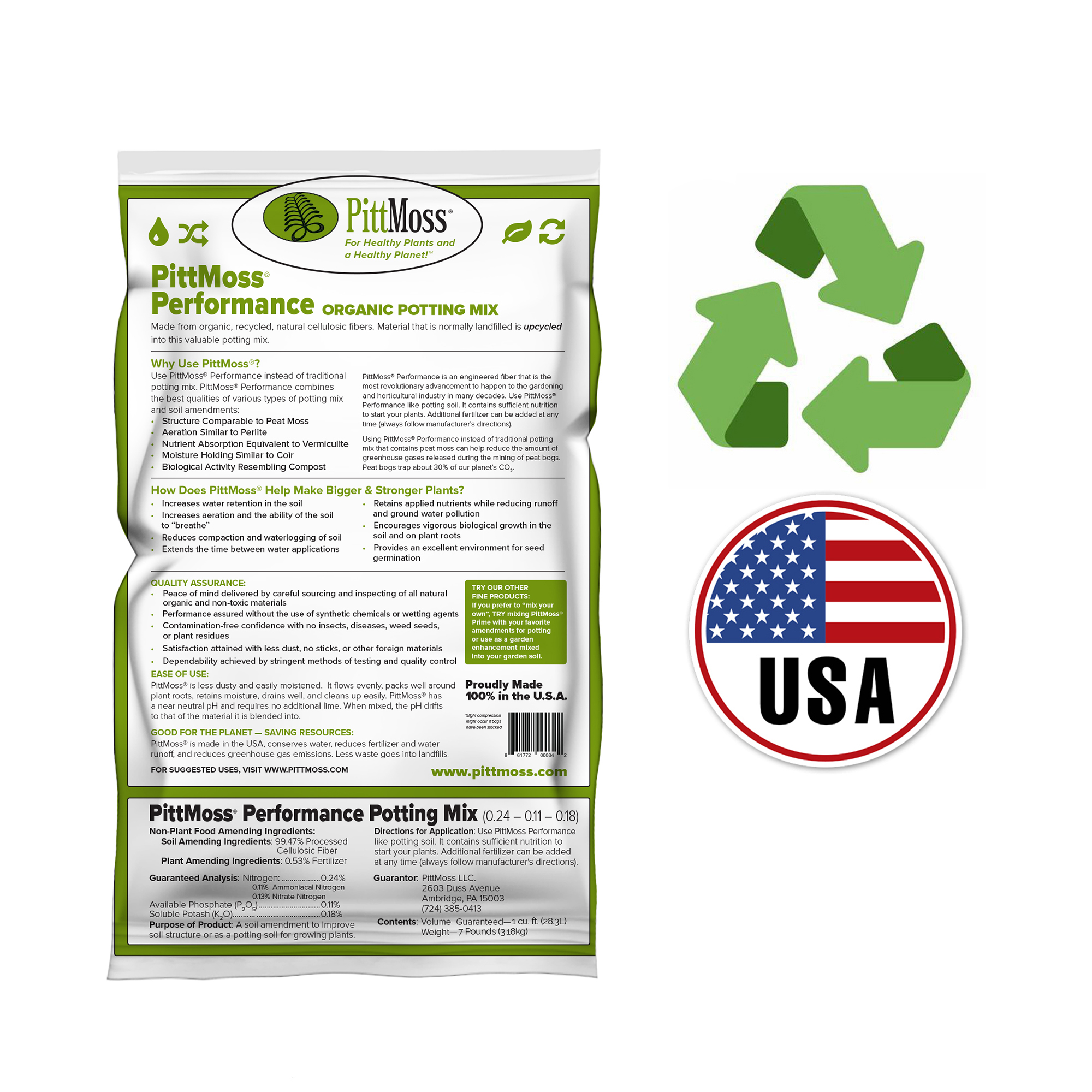 PittMoss Performance Eco-Friendly, Peat-Free Potting Mix Enhanced with Controlled Release Fertilizer for Gardens, Houseplants & More, 1 Cubic Foot