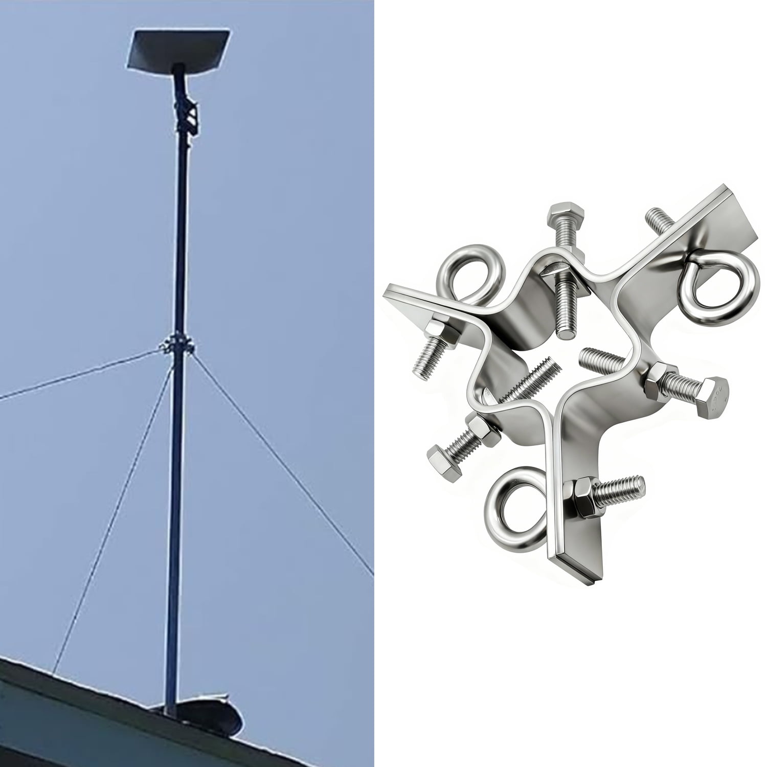 Heavy Duty Antenna Mast Clamp Down Guy Wire Ring with 100ft Wires & Ground Anchors Mounting, 3-Way Guying, Fits Masts up to 2-1/4 inches,Stainless Steel