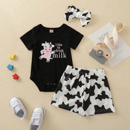 

Wiueurtly Baby Boys Girls Cute Outfit Cow Prints Short Sleeves Romper Shorts Hairband 3pcs Set Outfits Organic Baby Girl