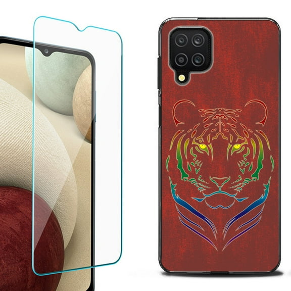 Slim-Fit Flexible TPU Gel Phone Case (black) for Samsung Galaxy A12, with Tempered Glass Screen Protector, by OneToughShield ® - Night Tiger