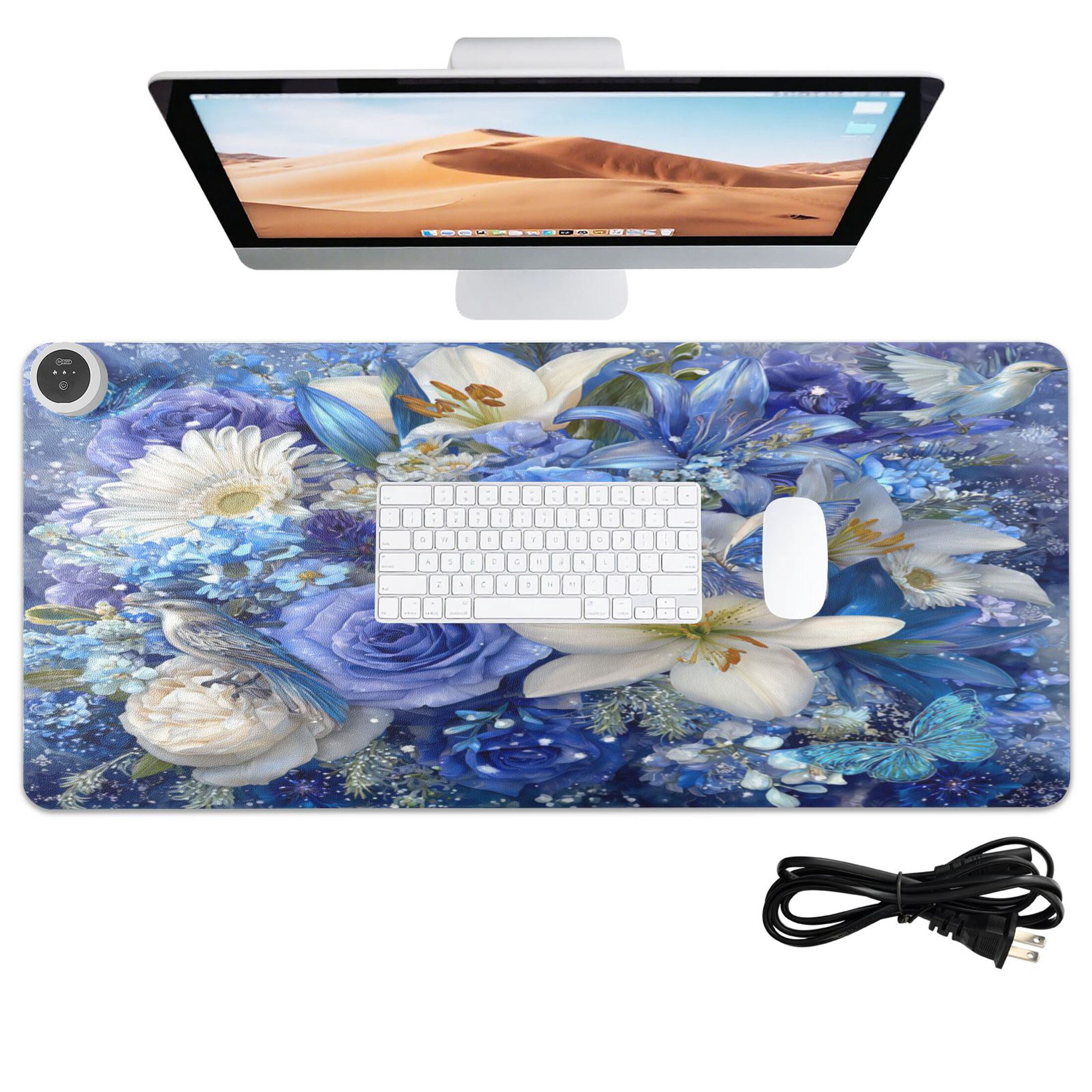 Large Heated Desk Mat Mouse Pad 31.5"x13"PU Leather Graphene Heating Desk Warmer with 3 Temperature Settings 110V US Plug Non-Slip Warm Pad for Home, Office, and Gaming Blue and White Crystal Roses