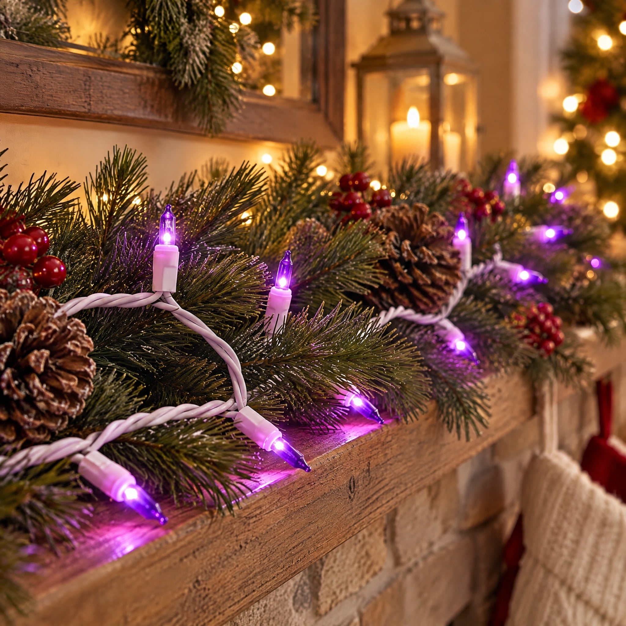 Indoor/Outdoor 100-Count LED Mini Christmas String Lights, Purple, White Wire, 19.5', by Holiday Time