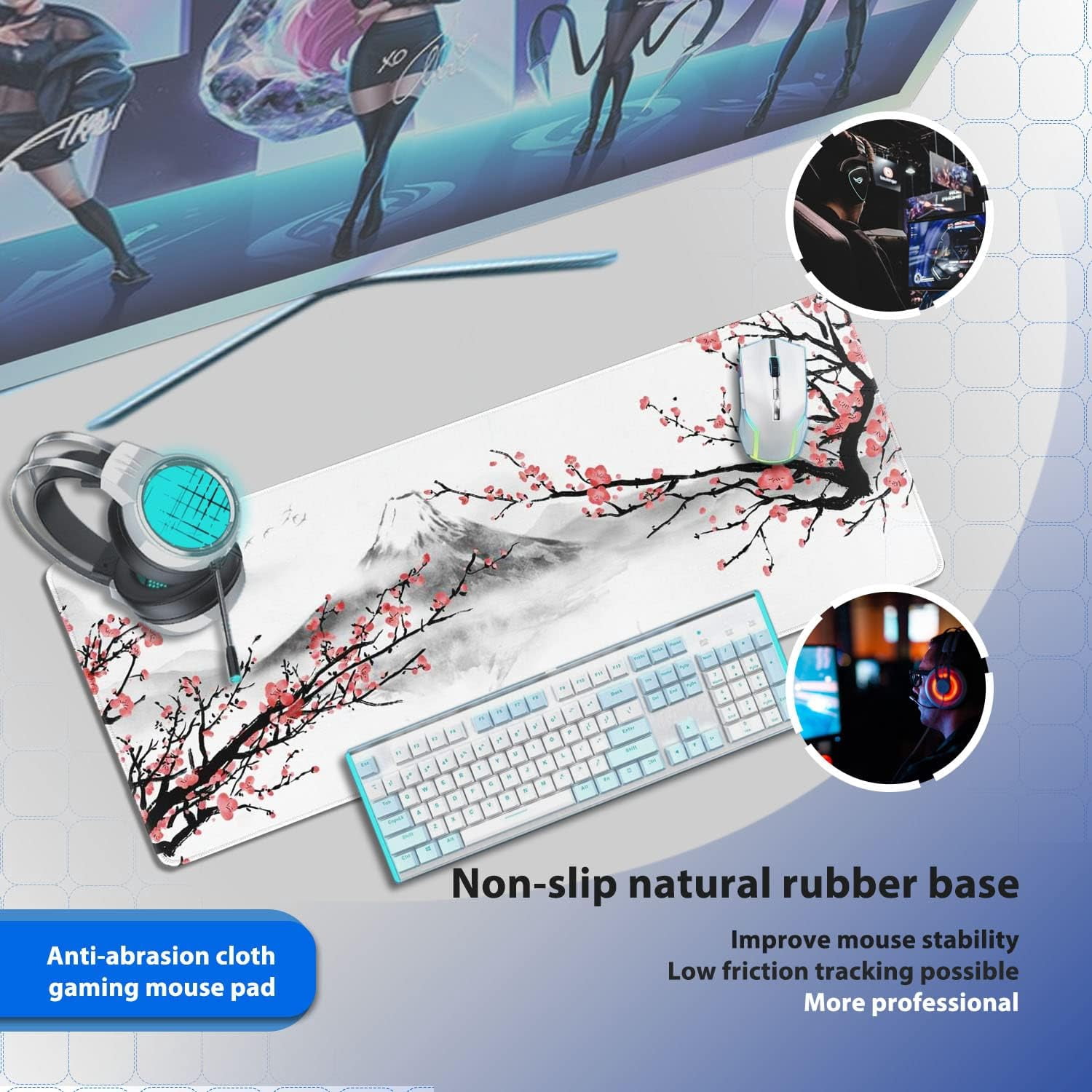 Large Gaming Mouse Pad, Anti-Slip Extended Mouse Pad,Waterproof Keyboard Pad, Mouse Mat Desk Pad for Gamer Office Home XL 31.5" x 11.8" Japanese Cherry Blossom
