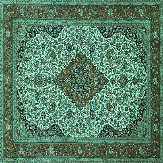 Ahgly Company Indoor Square Medallion Turquoise Blue Traditional Area Rugs, 6' Square