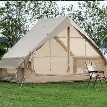 Inflatable Tents for Camping, 4-Season Oxford Blow up Tents with Storage Pocket and Hand Pump, Easy Setup Camping Tents with 12 Mesh Window for Adult 4-6 Person, Khaki
