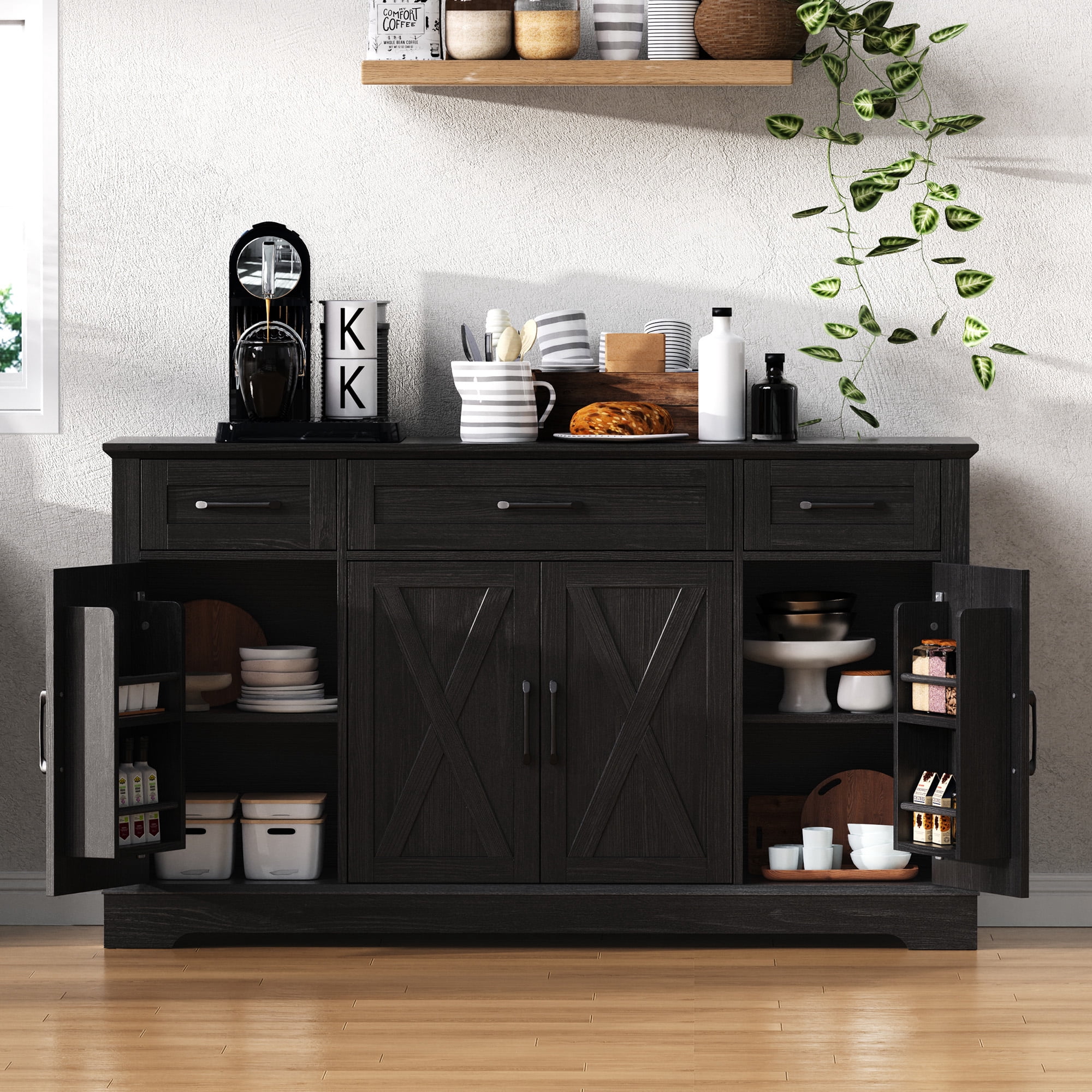 Farmhouse 55 Inch Sideboard Buffet Cabinet With 4 Drawers & 4 Doors - Kitchen Storage, Coffee Bar, Dining Room