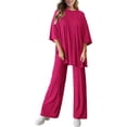thumbnail image 6 of WTOBBY Women's Loose Fashion Solid Color Split Hem Round Neck Short Sleeve Top and Long Pants Two Piece Casual Summer Set for Women,Hot Pink 2XL, 6 of 6