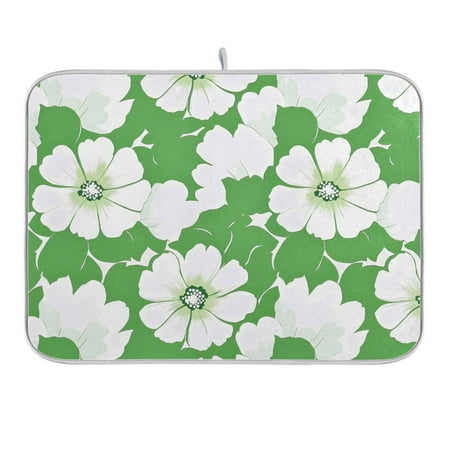 

White Flowers with Petals Dish Drying Mat for Kitchen Counter 16x18 In Absorbent Microfiber Reversible Mats Dish Drainer Protector Rack Pad for Coffee Bar Table