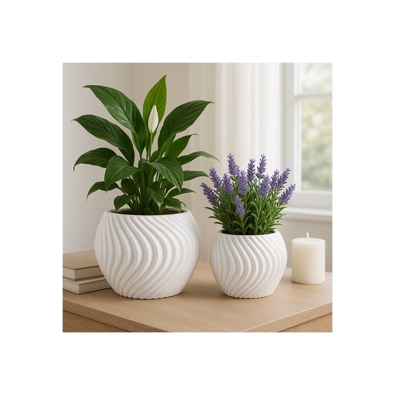 Flower Pots and Planters for Home Decor - Modern Swirl Plant Pots for Indoor and Outdoor Succulents, Orchids, or Herbs - Decorative Pots for Plants Ideal for Garden and Patio Set of 2 - 8", 6" White