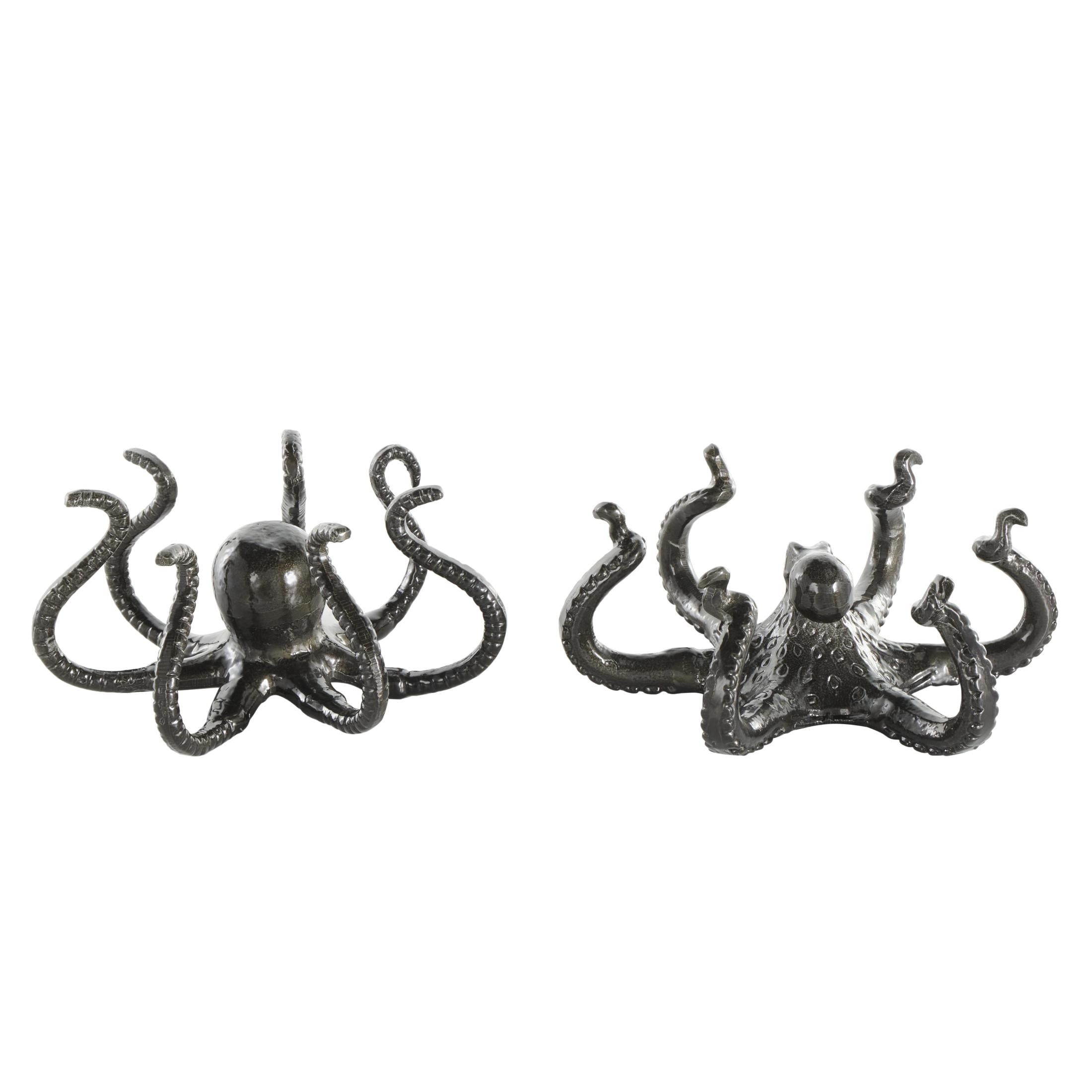 9"W, 4"H Black Aluminum Metal Octopus Sculpture with Splayed Arms, by DecMode (2 Count)