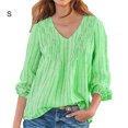 thumbnail image 1 of Chemise Femme Rayée Plissée Manches Longues Col en V Blouse Décontractée, Vert, S, 1 of 4