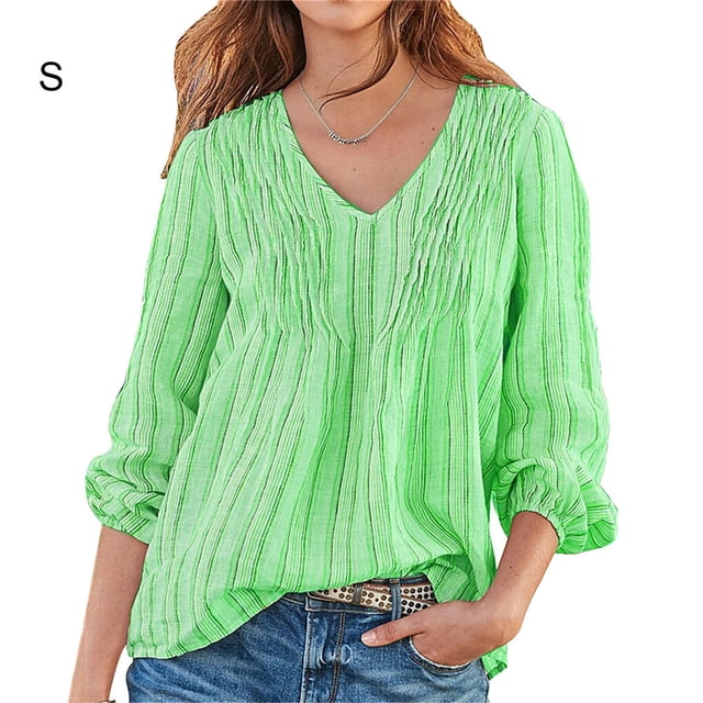 Chemise Femme Rayée Plissée Manches Longues Col en V Blouse Décontractée, Vert, S
