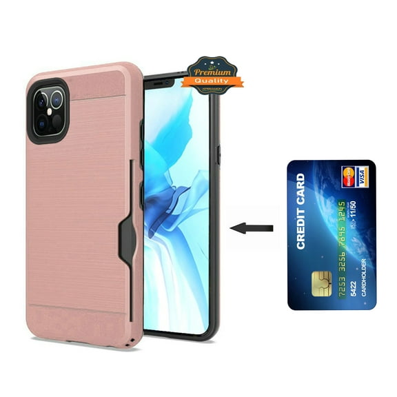 Apple iPhone 12 / iPhone 12 Pro (6.1") Phone Wallet Case Credit Card Holder Slot Brushed Texture Hybrid Armor Slim Cover for iPhone 12 /12 Pro ,by Xp - Rose Gold