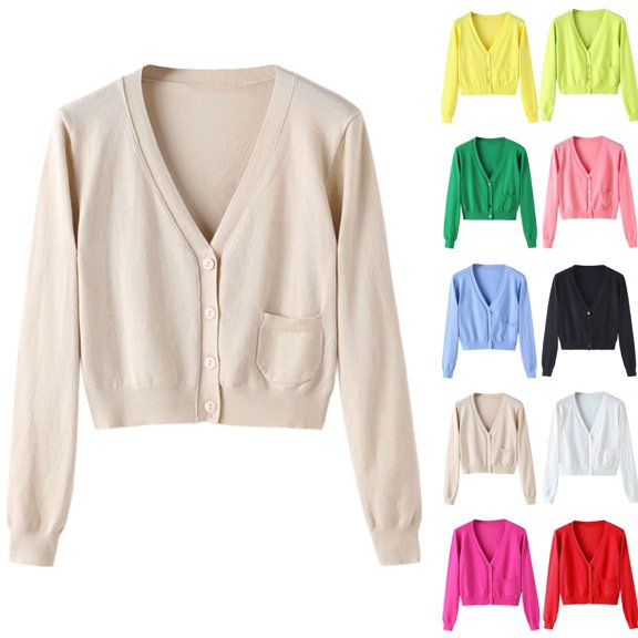 Kureaily Women's Lightweight Knit Cardigan Long Sleeve Short V Neck Open Front Sweater Casual Wear With Pockets For Spring Fall Winter Long Sleeve Cardigan