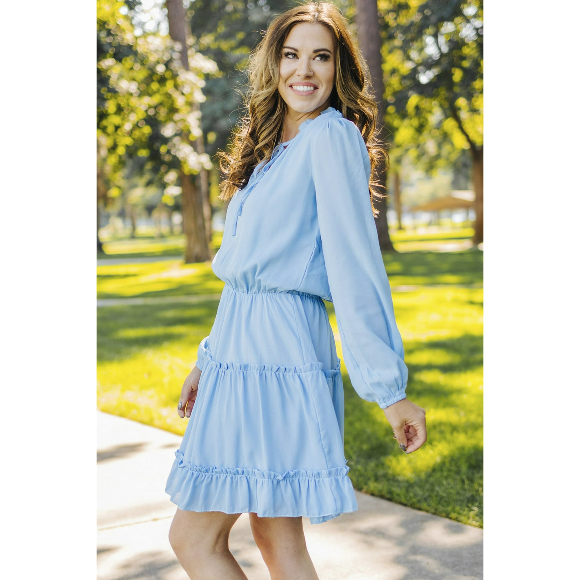 Chicfine Women s Light Blue V Neck Long Sleeve Ruffle Tiered Mini Dress Other