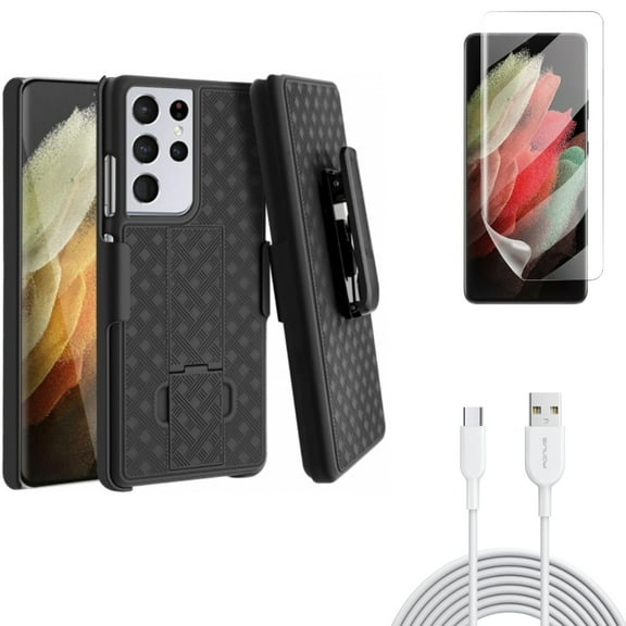 6ft USB-C Cable & Case Belt Clip & Matte Screen Protector for Samsung Galaxy S21 Ultra Phone - Type-C Fast Charger & Holster Swivel & TPU Film Anti-Glare Accessory Bundle