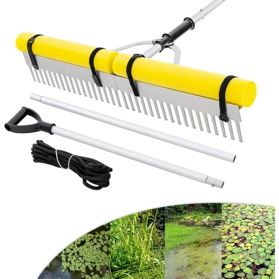 IRONMAX Lake Rake, 36’’ Folding Aluminum Aquatic Weed Rake Weed Cutter with Foam Floats, Extended Handle & Rope, Weed Rake for Algae Removal Plant Cutting