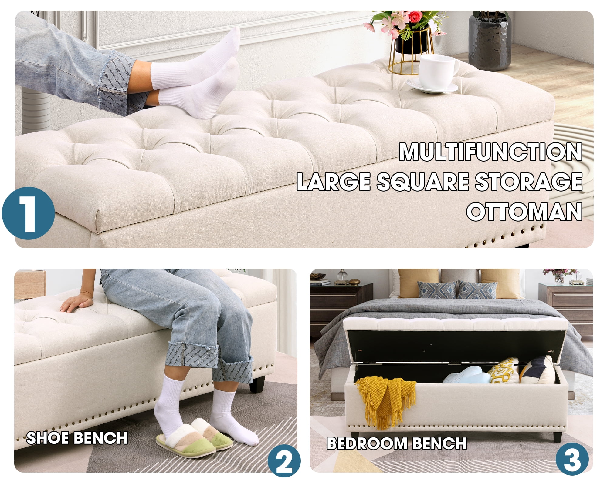 Haverchair 51" Ottoman Storage Benches, 30 Gallons End of Bed Storage Bench, Large Rectangular Storage Ottoman, Button-Tufted Ottoman with Storage for Living Room Bedroom, Foot of Bed (Beige)