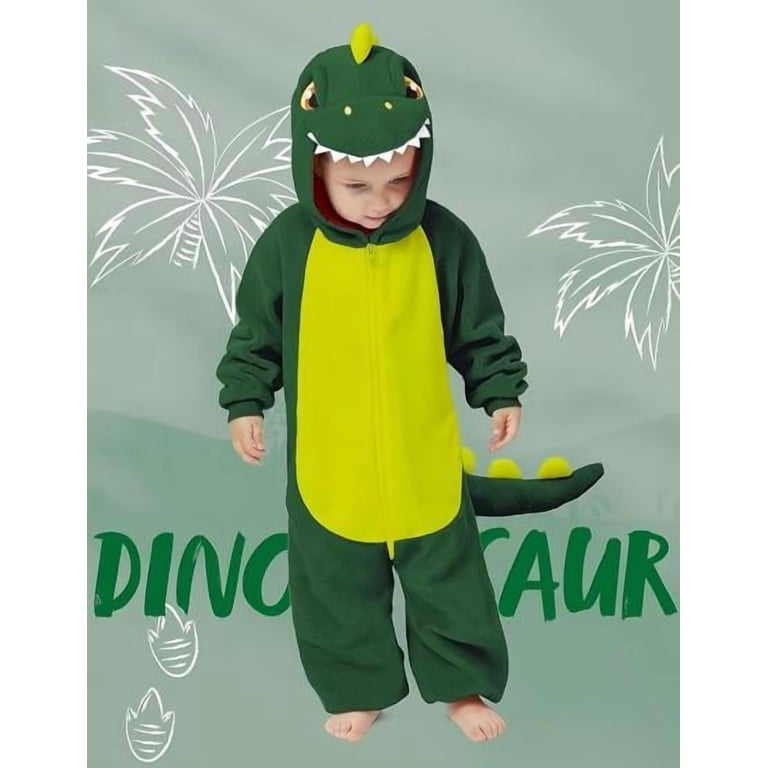 Joyfy Dinosaur Costume for Baby Toddler, Plush Hooded Romper Green DinosaurJumpsuit Pajama for Halloween Dress Up Party Ages 3-4