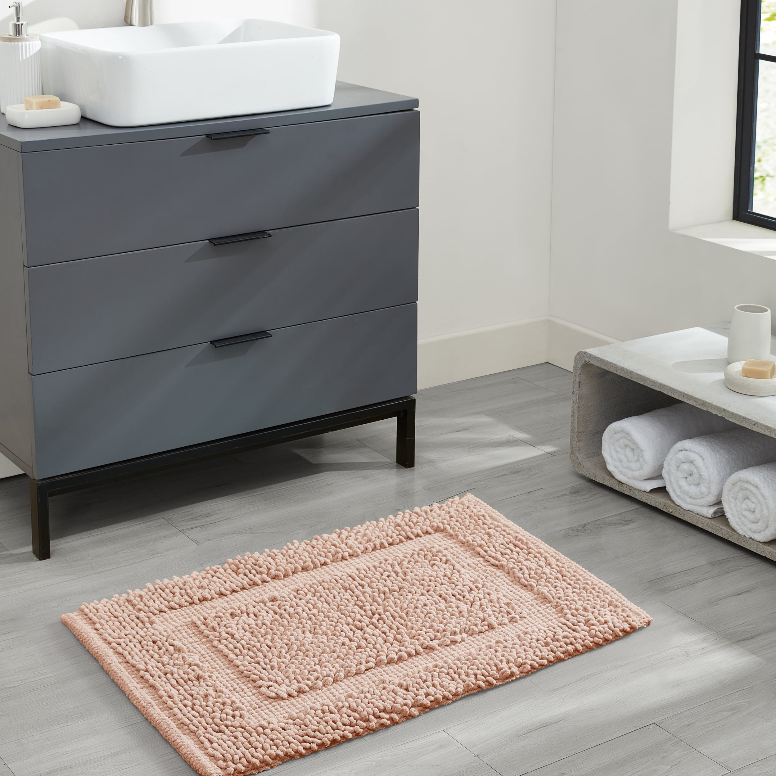 Jean Pierre New York Sophie Border 100% Cotton Bath Mat - Non-Slip Bath Rug - Pink Dusty Rose - 27" x 45"