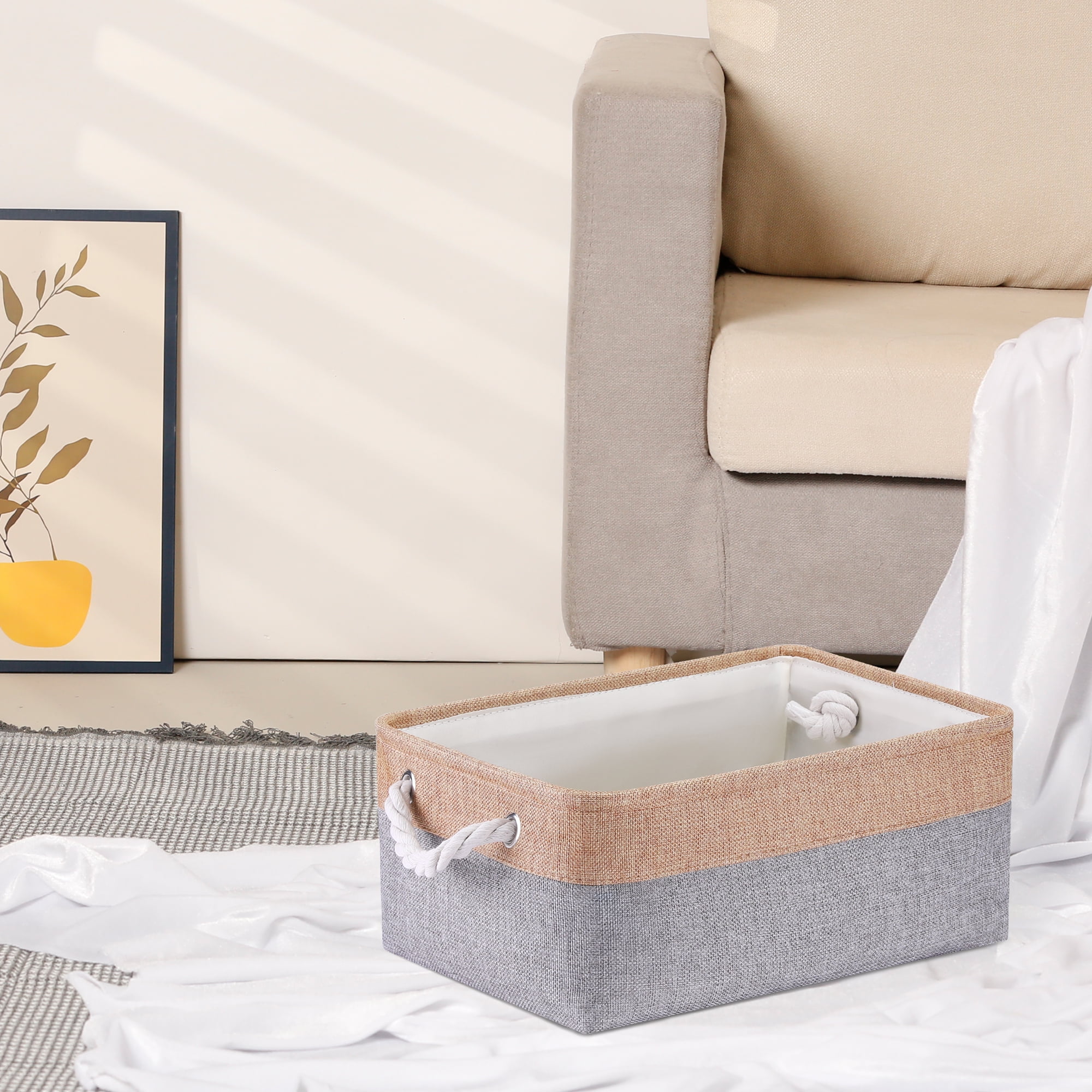 Unique Bargains Storage Bin with Handle Fabric Cube Grey/Brown 14*10*6.5in