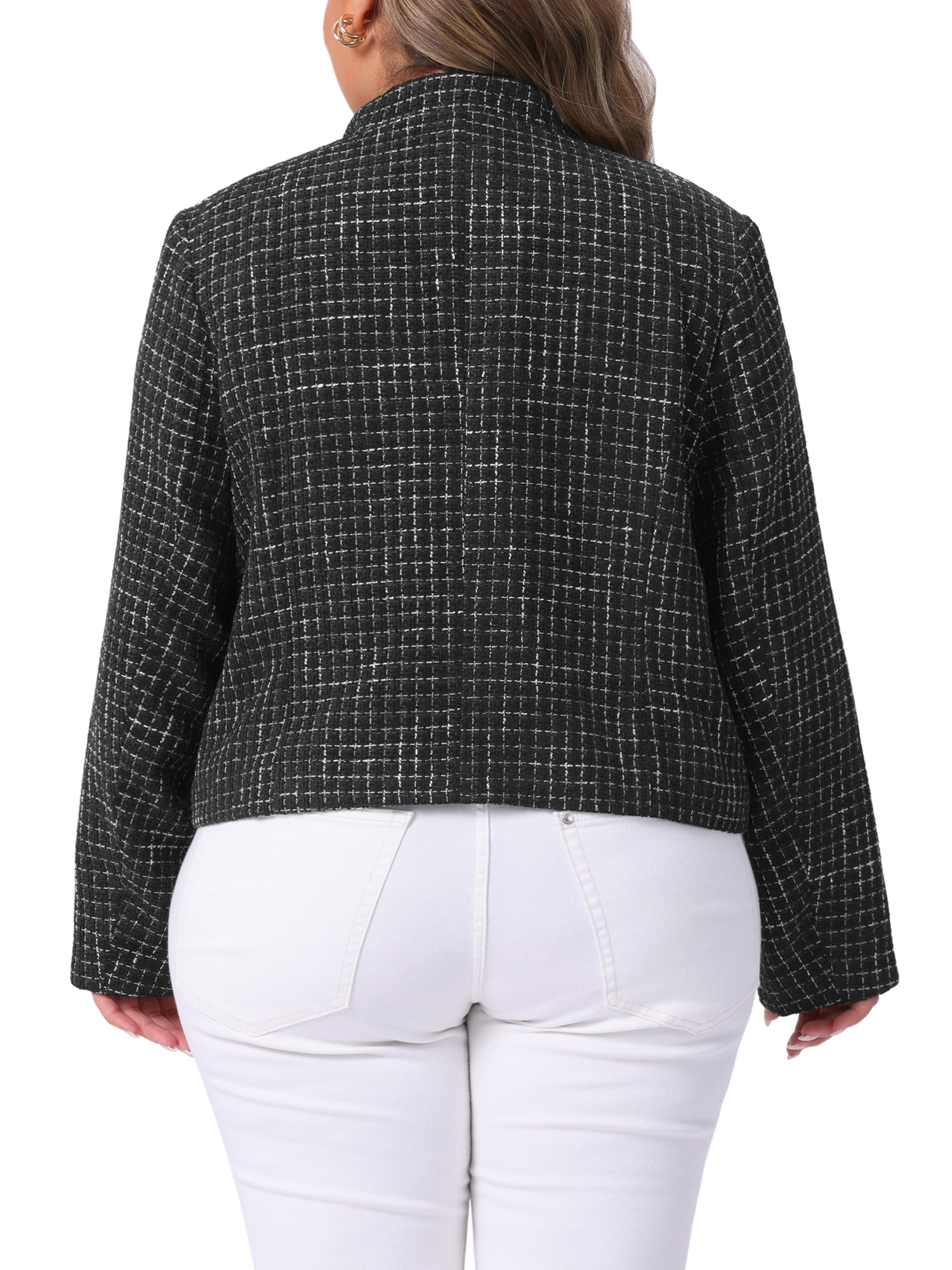 DARING DIVA Plus Size Tweed Stand Collar Button Down Blazer Jacket 3X Black