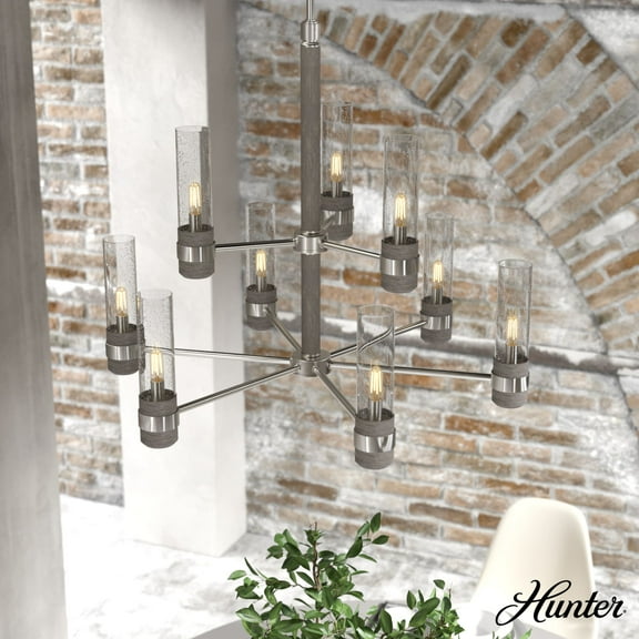 Hunter - River Mill 9-light Brushed Nickel, Large Chandelier, Dimmable, Rustic Style, Candle Shaped, for Bedrooms, Dining, Living Rooms - 19479