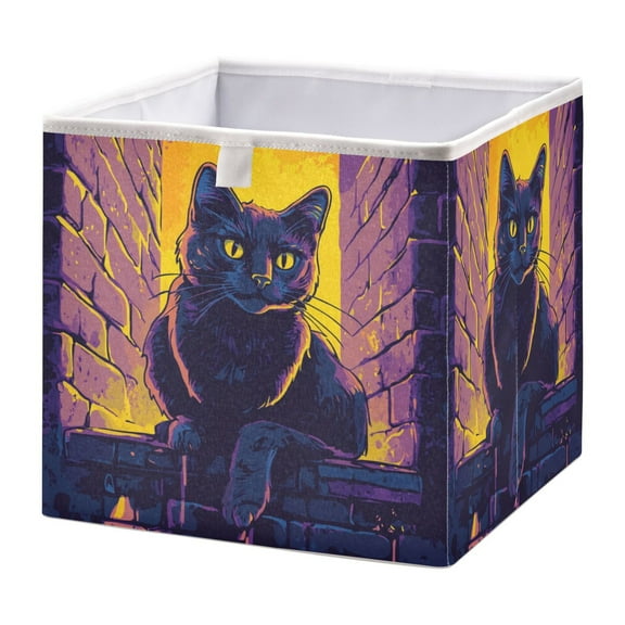 WOBOGO Purple Dusk Cat Pattern Storage Basket Foldable Easy to Clean Durable with Hollow Support Plate with Handle 11.02×11.02×11.02 in