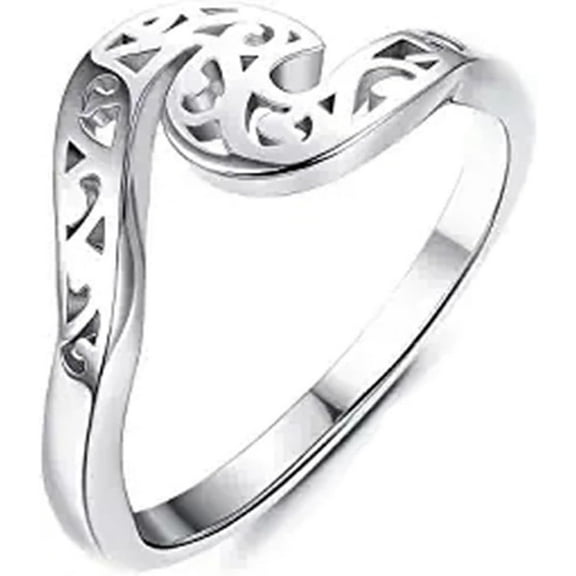Stainless Steel Floral Pattern Ocean Wave Style Promise Statement Wedding Ring