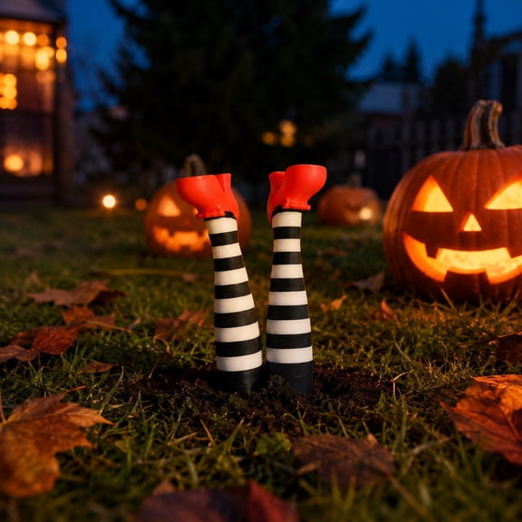 Cififendec 2Pcs Halloween Witch Leg Plant Stakes, 5.9", Plastic Spooky Striped Witch Boot Flower Pot Picks for Garden Planter Table Decor