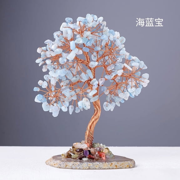 Nvzi -b Natural Light Blue Crystal Stone Tree Ornament Natural Stone Base Fortune Tree Colorful Stone Life Tree Desktop Decoration Ornament -1 piece