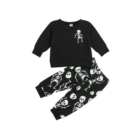 

BrilliantMe Kids 2Pcs Baby Boys Halloween Outfits Cute Skull Skeleton Print Long Sleeve Tops + Pants Set Black 5-6 Years