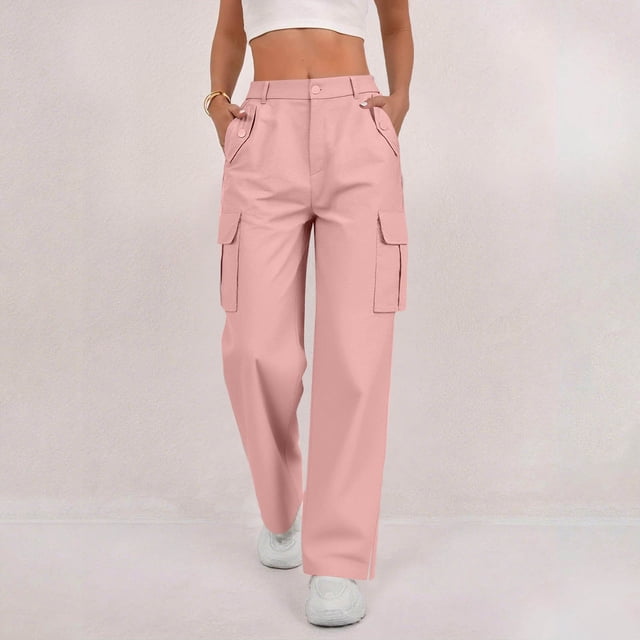 Timegard Cargo Pants Women Elastic Waist Button Straight Leg Loose Active Outdoor Side Split Trousers Fall