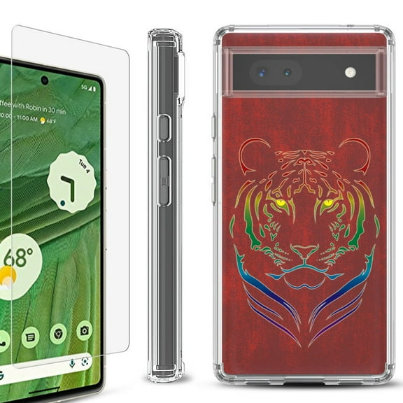 Shockproof Bumper Phone Case for Google Pixel 6a, with Tempered Glass Screen Protector, by OneToughShield ® - Night Tiger