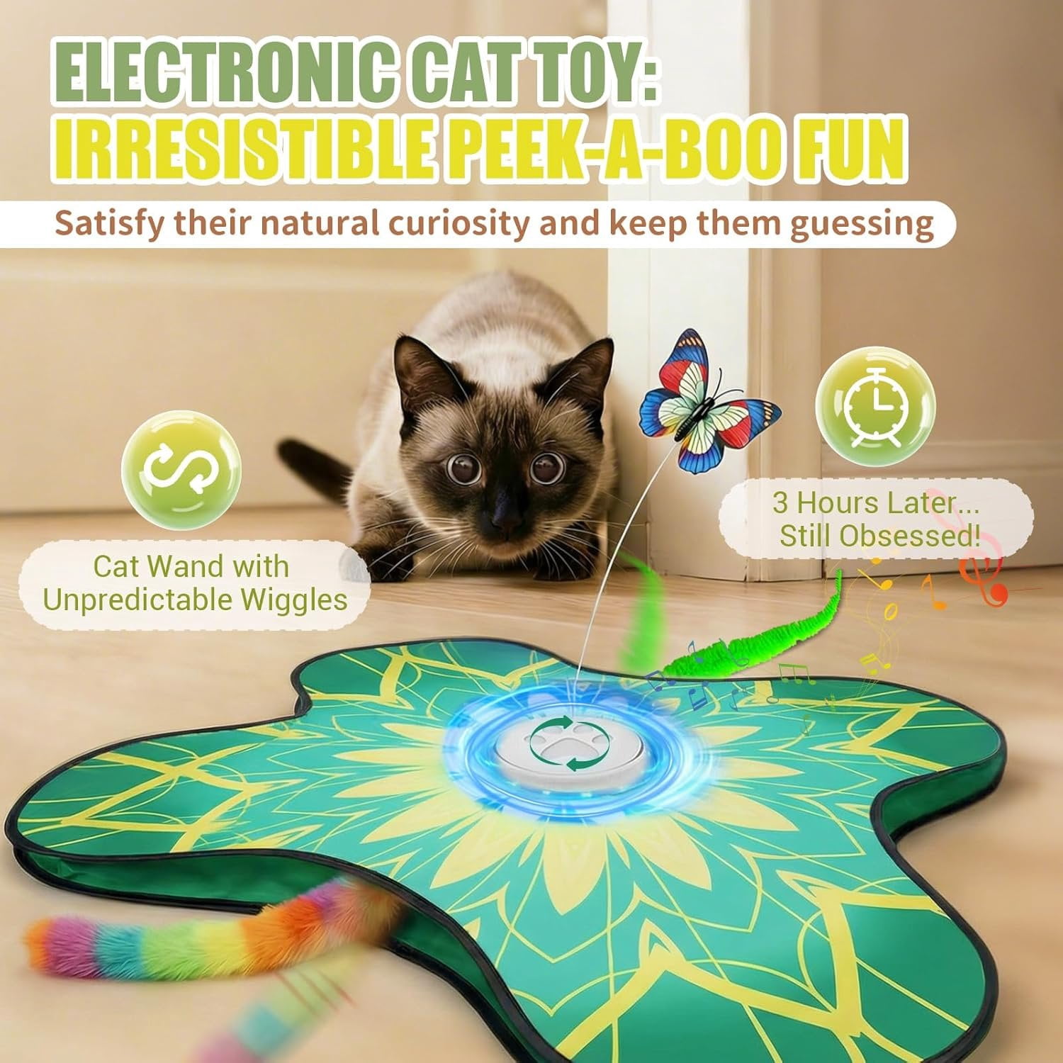 Interactive   for Indoor Cats,  Activated Automatic    with Sound /Off,  Wands, Non-Slip Suction Cups, Rechargeable  and Seek  Play Mat for Bored Adult Kittens