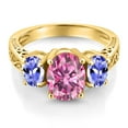 thumbnail image 3 of Gem Stone King 18K Yellow Gold Plated Silver 3-Stone Ring Oval Pink Moissanite and Tanzanite Blue (2.90 Cttw, Size 7), 3 of 6