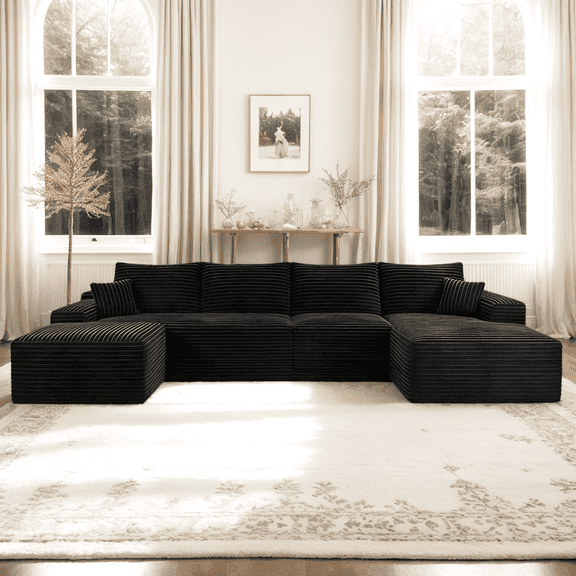 Eyisean 135" Corduroy U-Shaped Modular Sectional Sofa, Fluffy Plush Upholstered Boneless Couch with Chaise & Ottoman, Comfy Sectional Couches with Deep Seat, No Assembly Required for Living Room