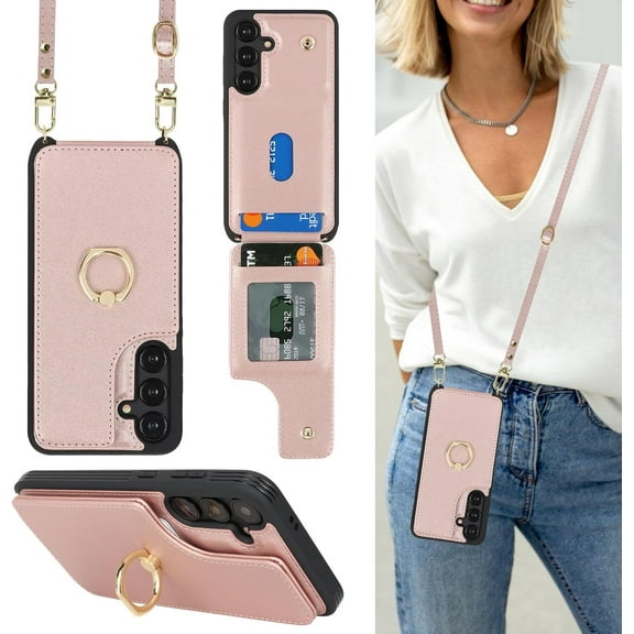 for Samsung Galaxy S24 Case with Card Holder and Strap for Women,Crossbody Lanyard,Ring Stand,Snap Clasp,Phone Wallet Cases 6.2 inch(Rose Gold)